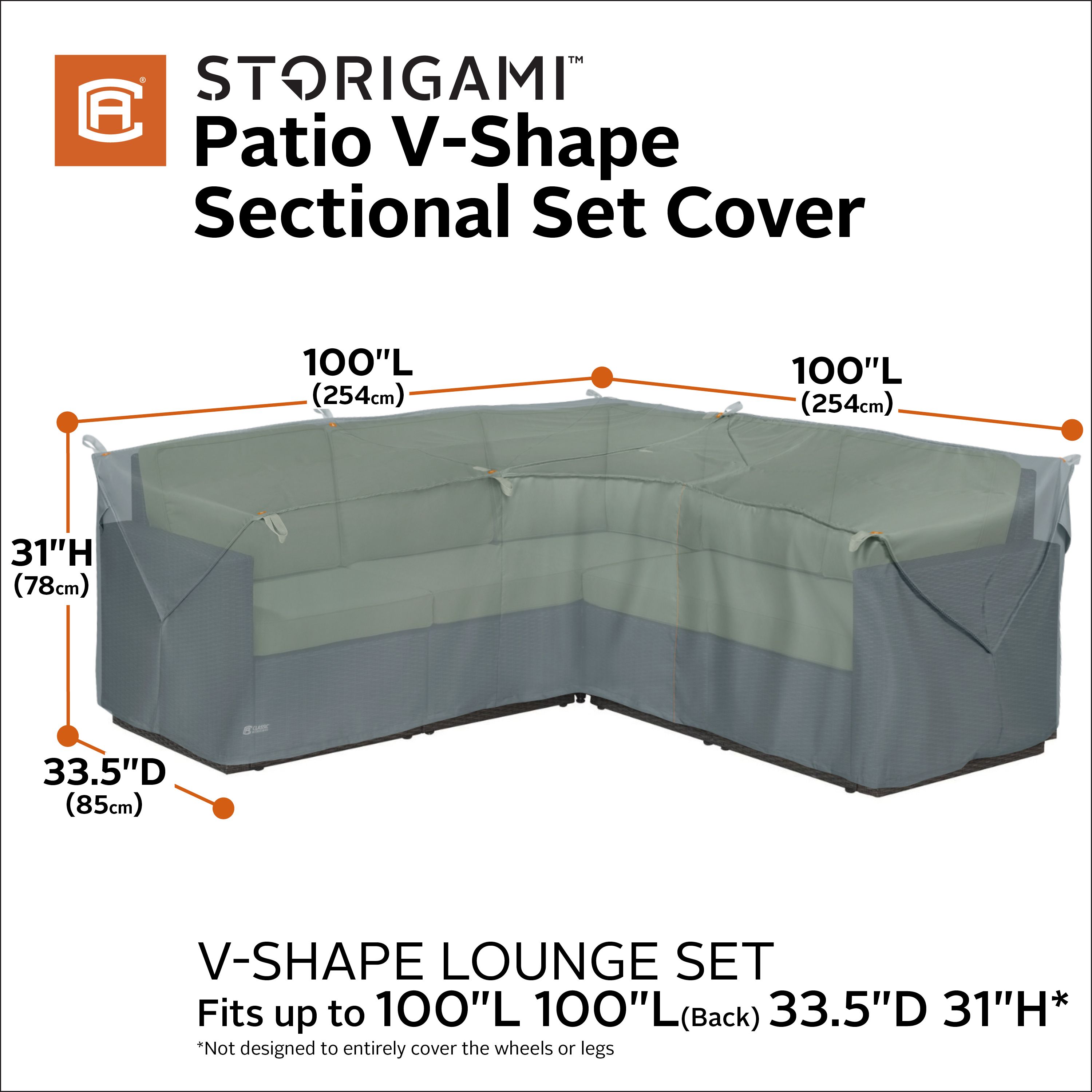 Storigami 100 Inch Easy Fold Patio V-Shaped Sectional Lounge Set Cover, Monument Grey