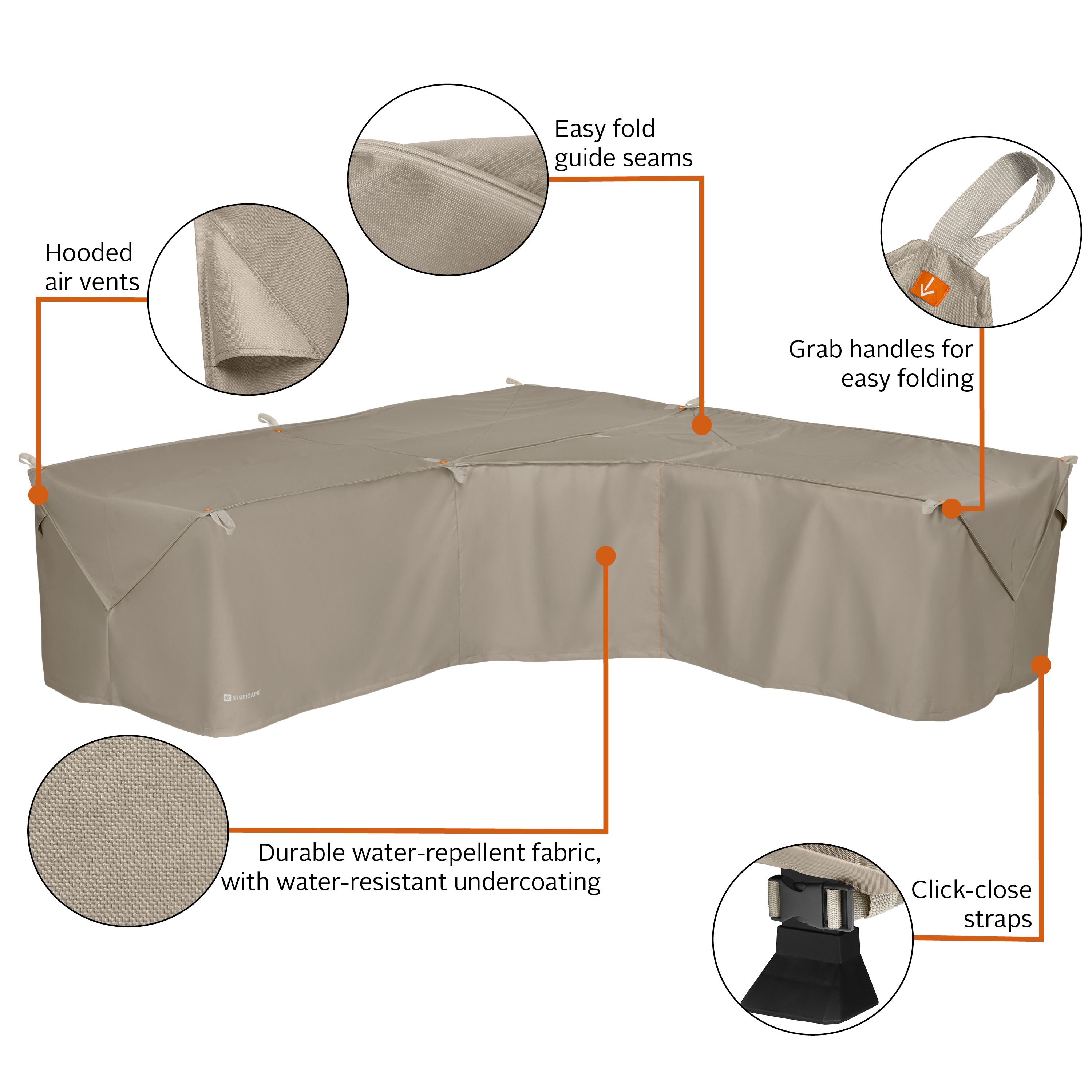 Storigami 100 Inch Easy Fold Patio V-Shaped Sectional Lounge Set Cover, Goat Tan