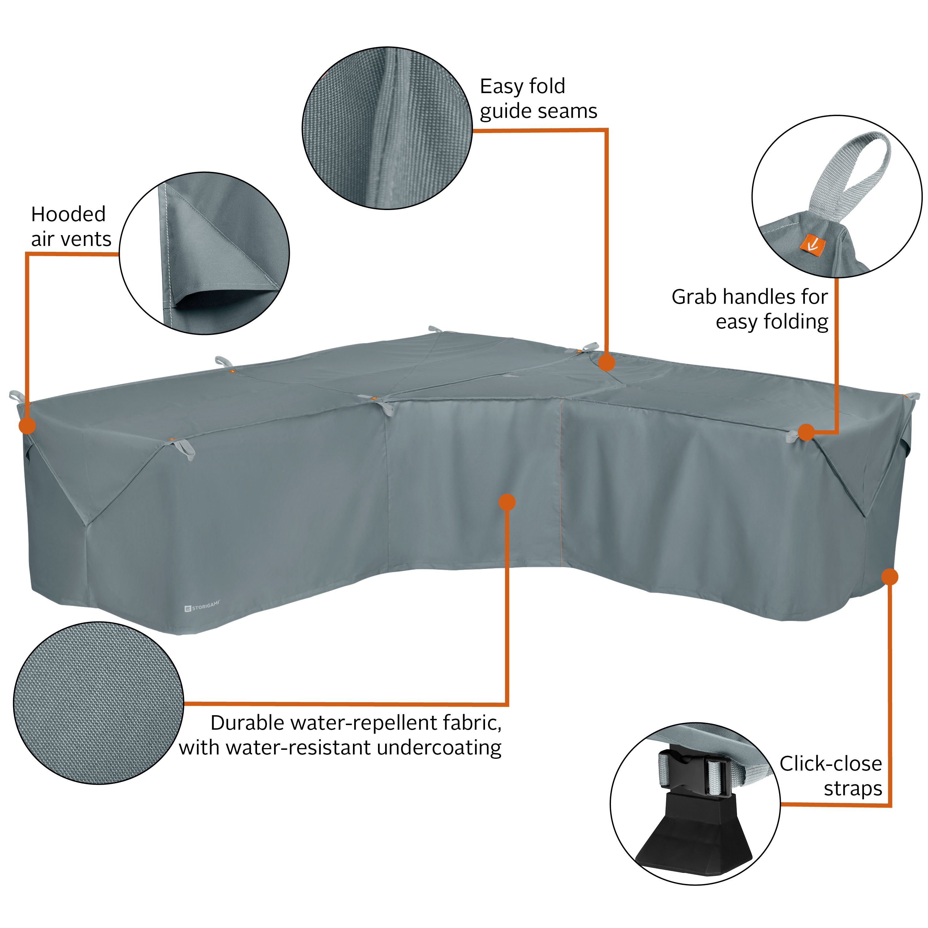 Storigami 100 Inch Easy Fold Patio V-Shaped Sectional Lounge Set Cover, Monument Grey