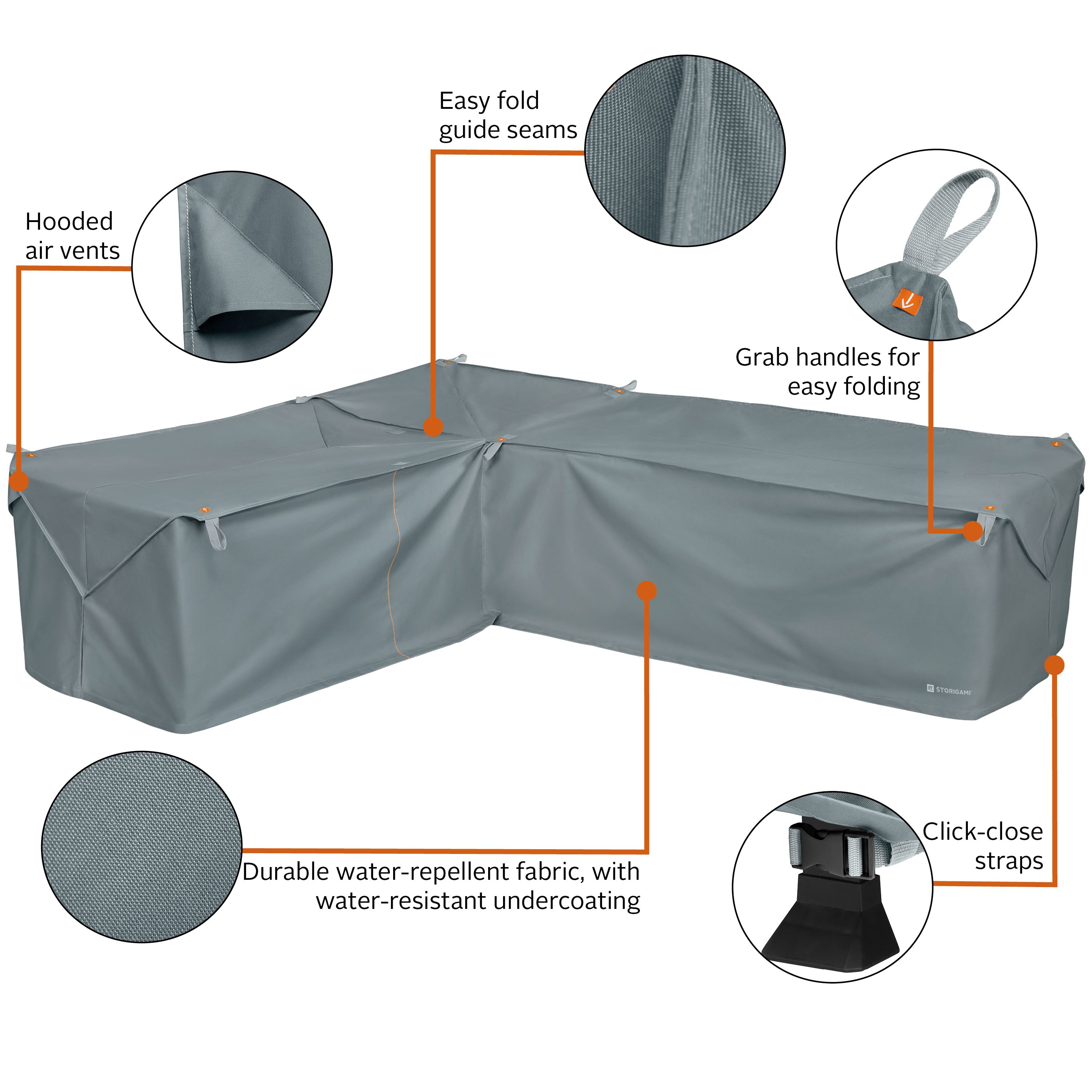 Storigami 104 Inch Easy Fold Patio Left-Facing Sectional Lounge Set Cover, Monument Grey