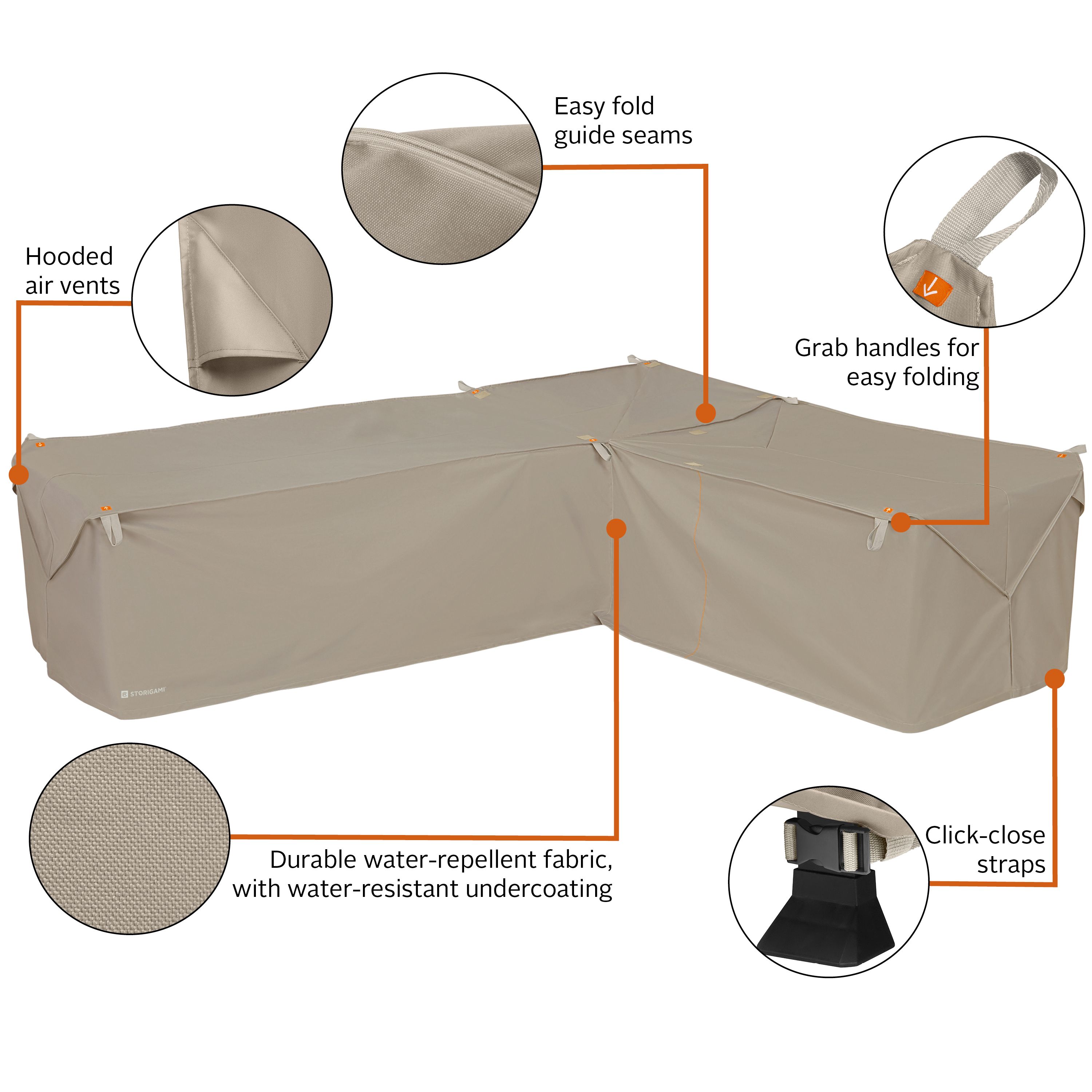 Storigami 104 Inch Easy Fold Patio Right-Facing Sectional Lounge Set Cover, Goat Tan