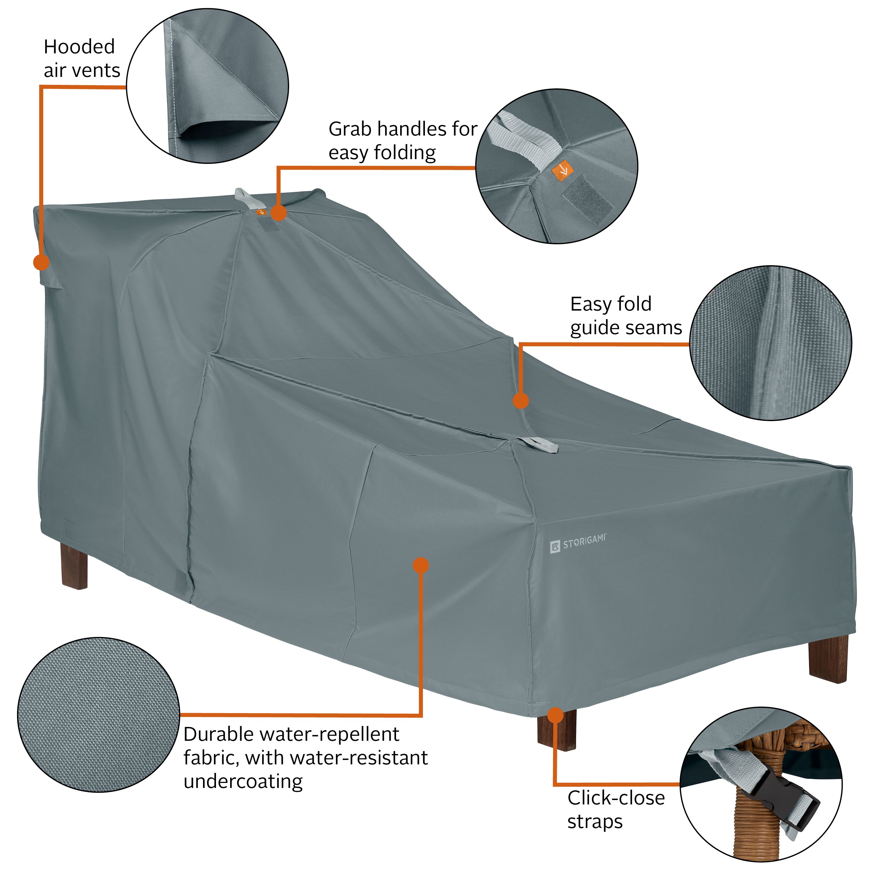 Storigami 78 Inch Easy Fold Patio Day Chaise Cover, Monument Grey