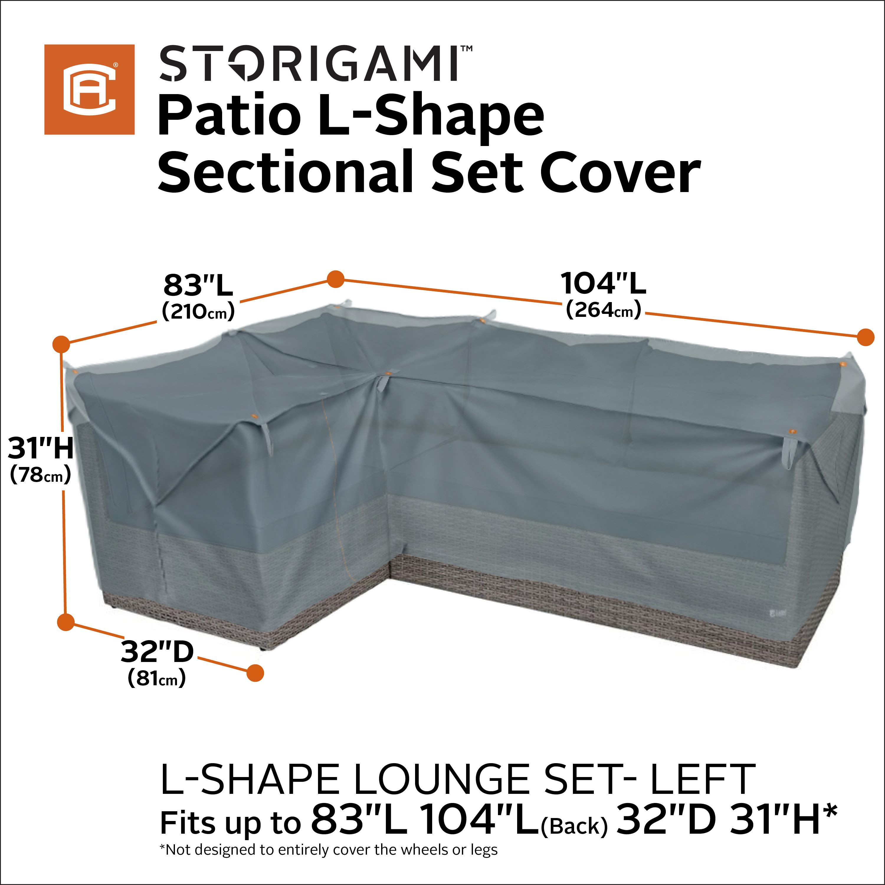 Storigami 104 Inch Easy Fold Patio Left-Facing Sectional Lounge Set Cover, Monument Grey