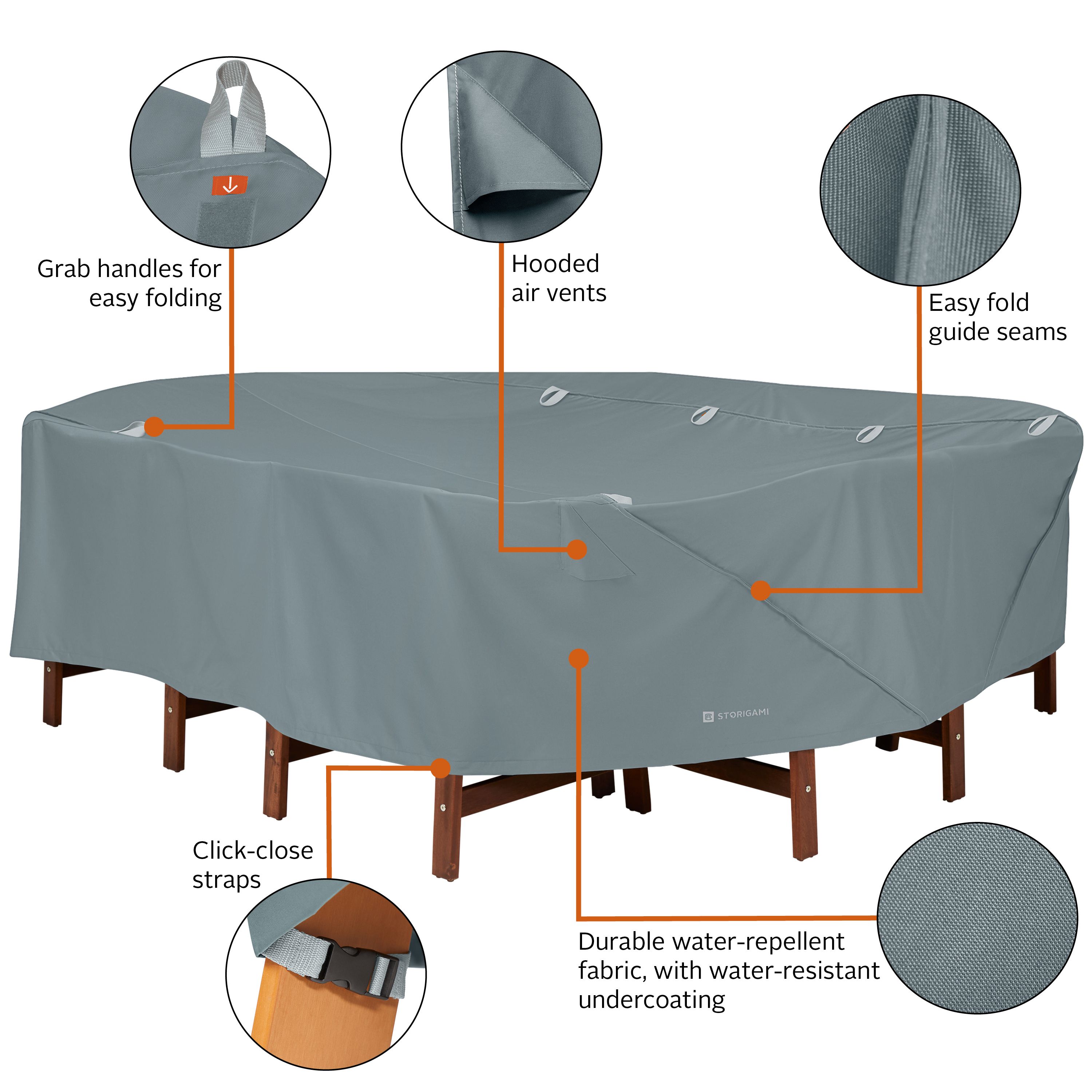 Storigami 108 Inch Easy Fold Rectangle/Oval Table & Chairs Cover, Monument Grey