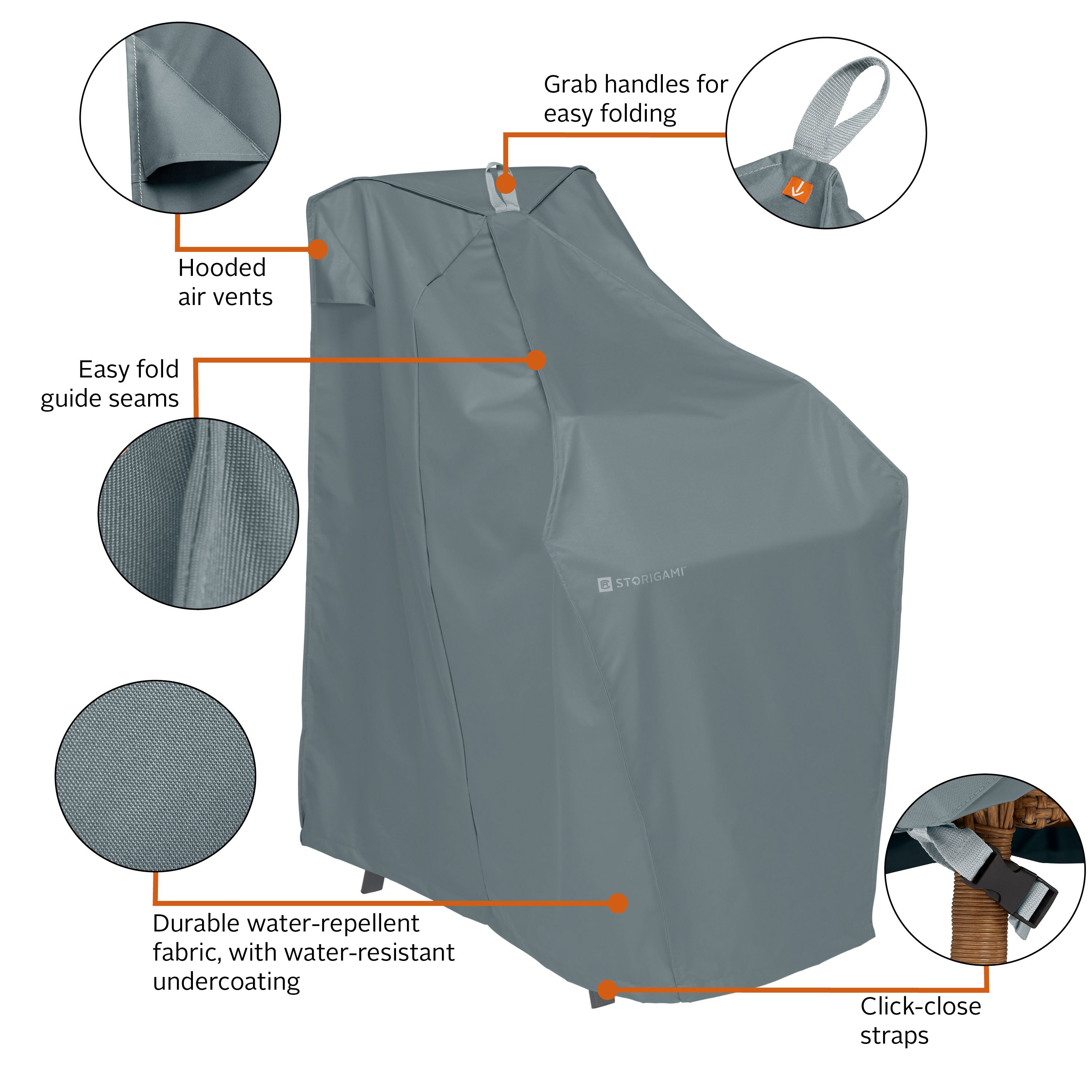 Storigami 26 Inch Easy Fold Patio Stackable Chair Cover, Monument Grey