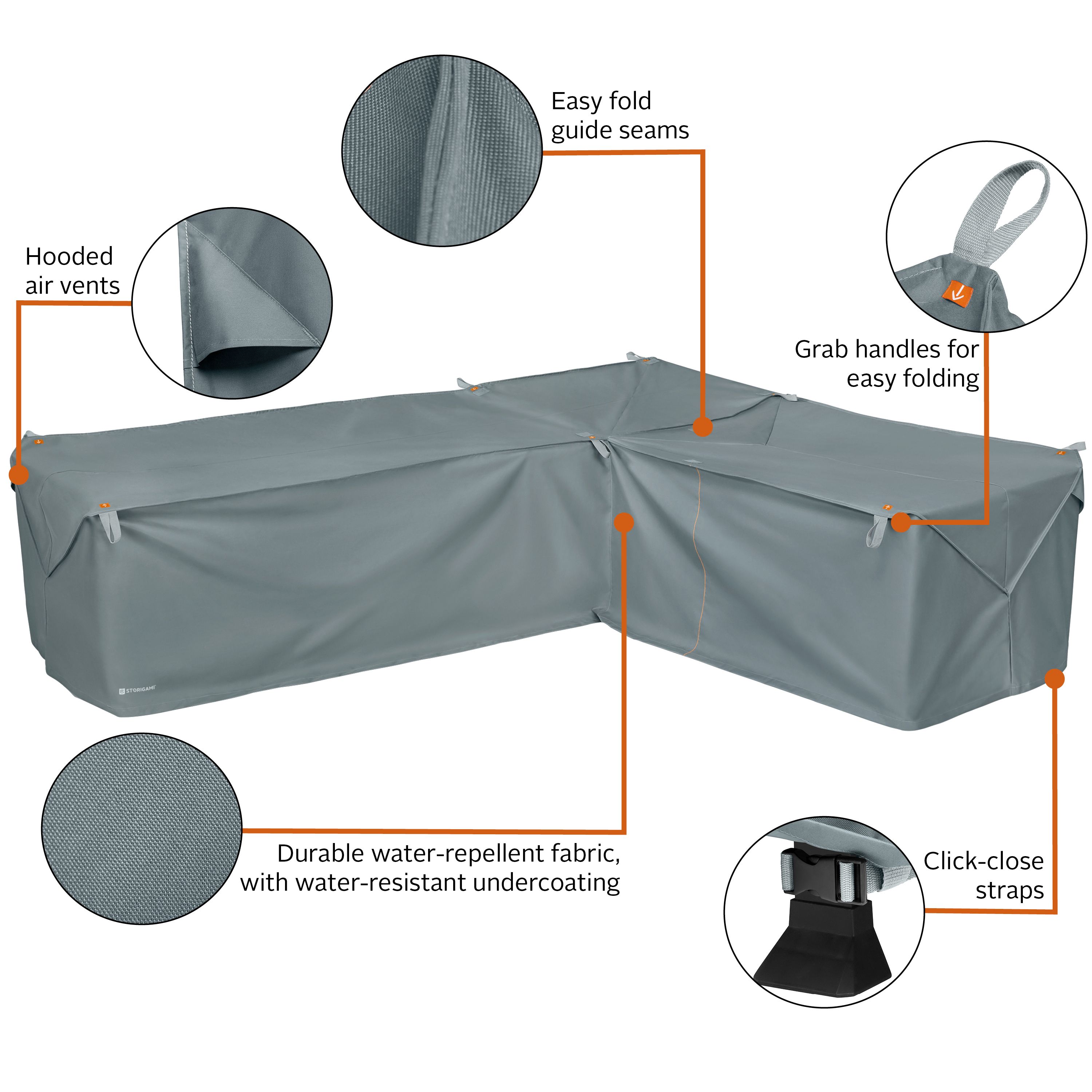 Storigami 104 Inch Easy Fold Patio Right-Facing Sectional Lounge Set Cover, Monument Grey