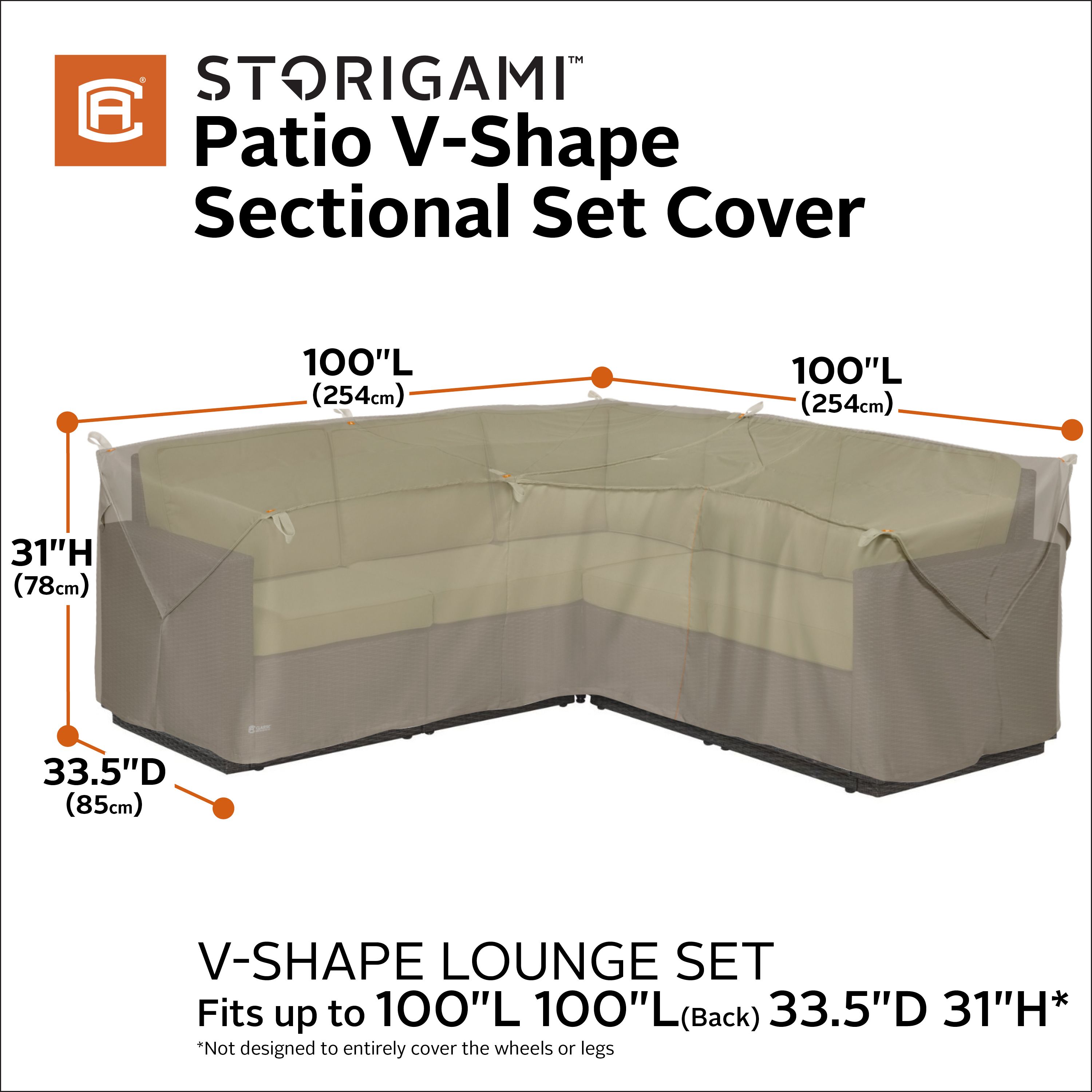 Storigami 100 Inch Easy Fold Patio V-Shaped Sectional Lounge Set Cover, Goat Tan