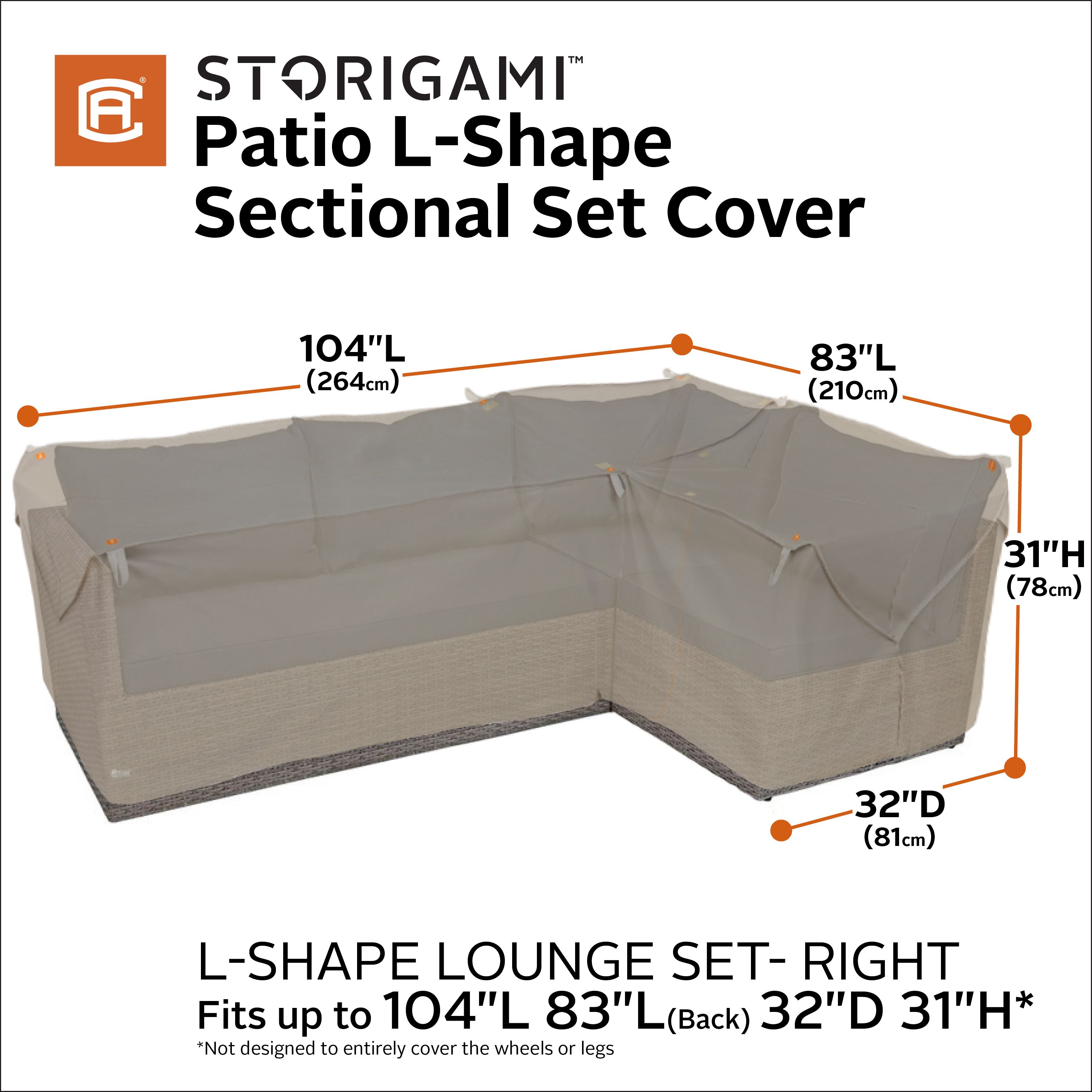 Storigami 104 Inch Easy Fold Patio Right-Facing Sectional Lounge Set Cover, Goat Tan