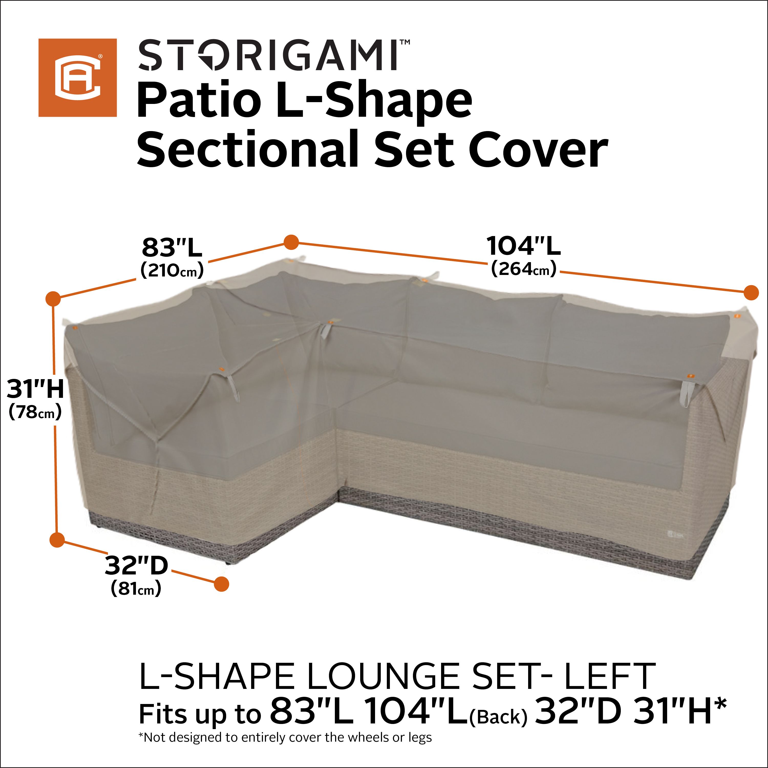 Storigami 104 Inch Easy Fold Patio Left-Facing Sectional Lounge Set Cover, Goat Tan