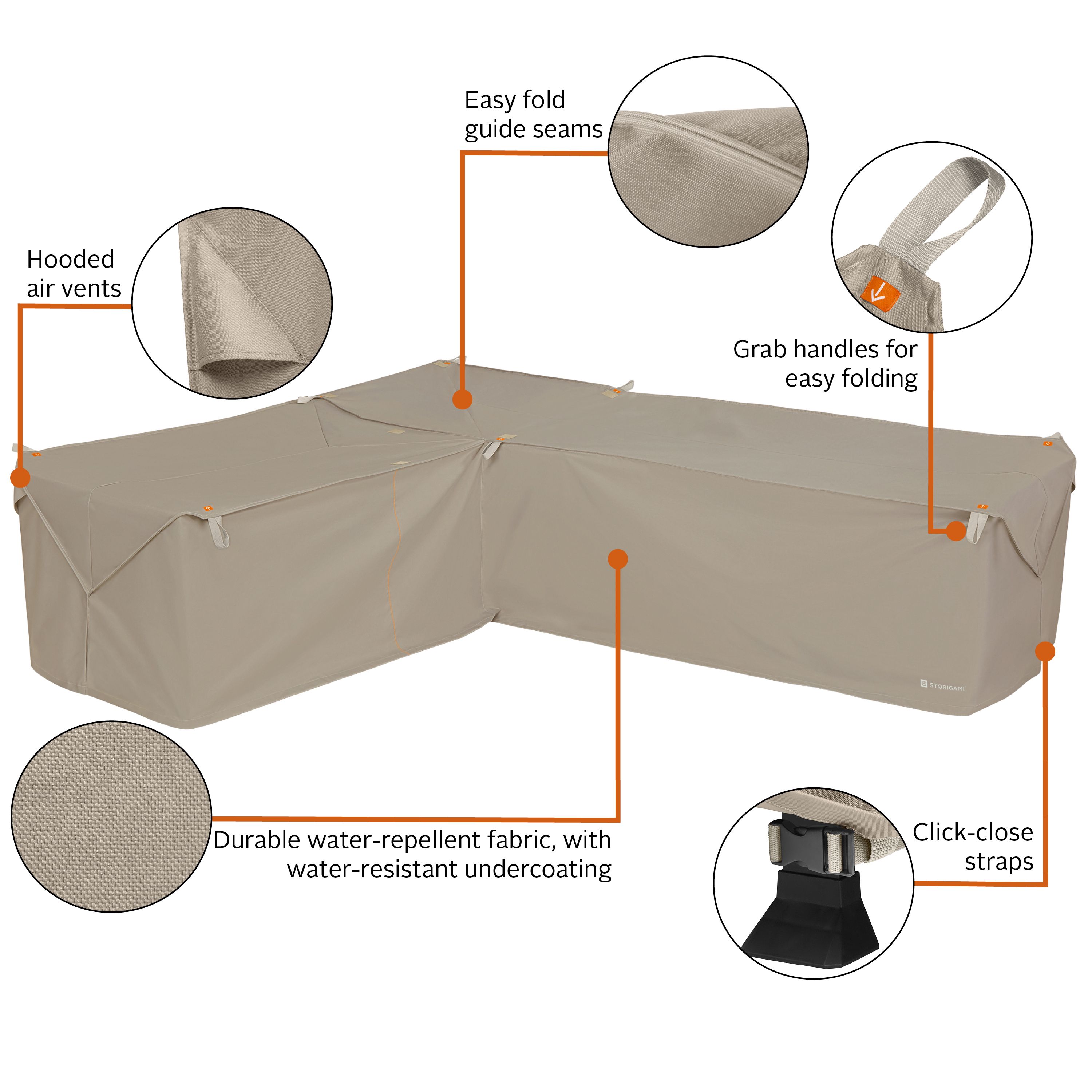 Storigami 104 Inch Easy Fold Patio Left-Facing Sectional Lounge Set Cover, Goat Tan