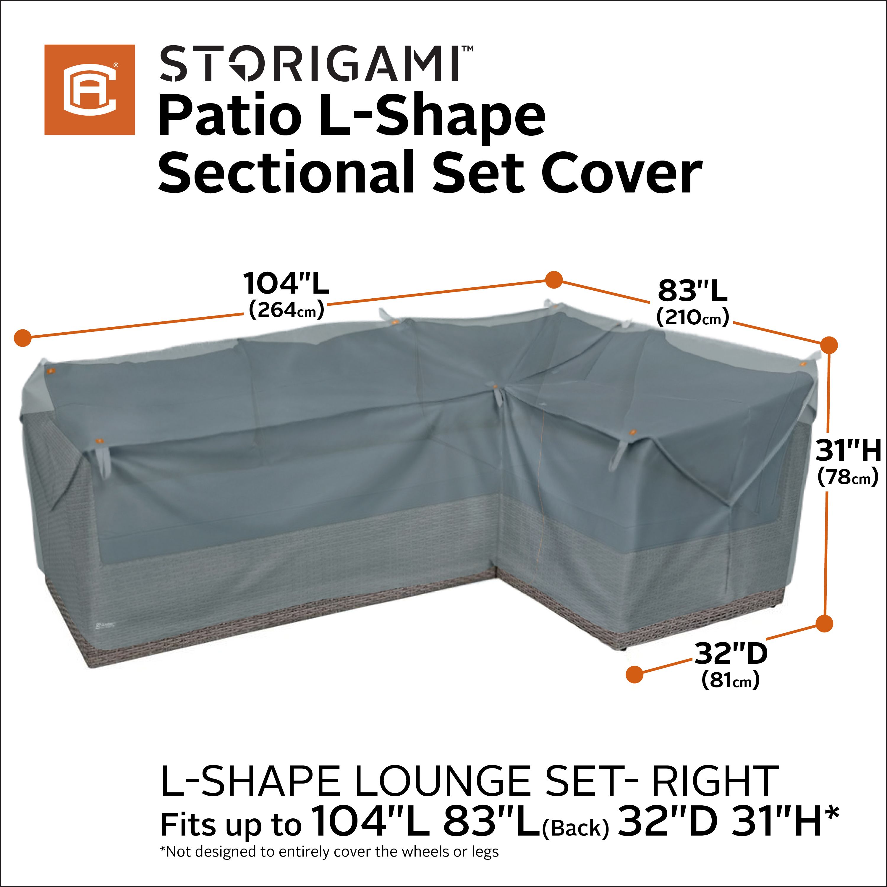 Storigami 104 Inch Easy Fold Patio Right-Facing Sectional Lounge Set Cover, Monument Grey