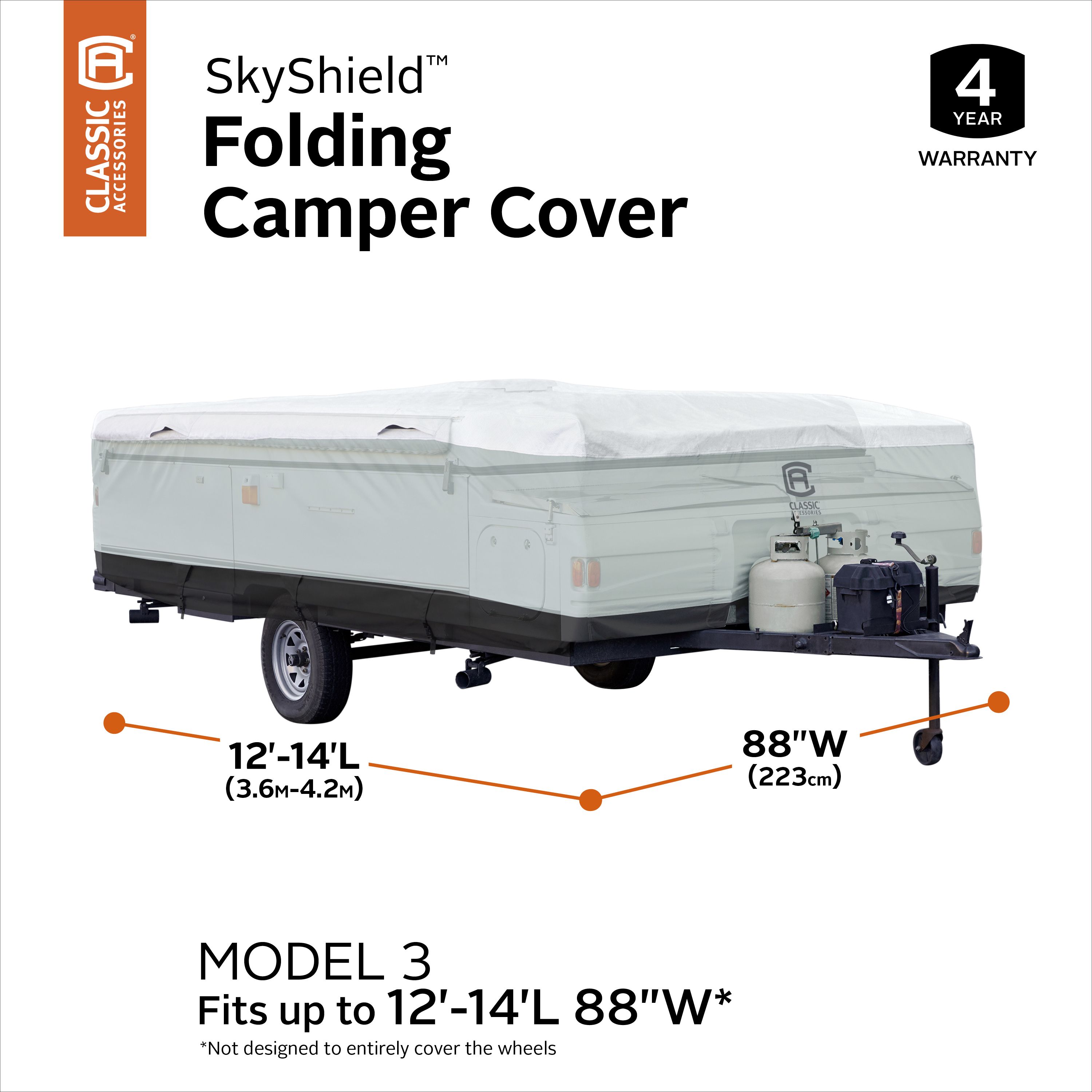 SkyShield Folding Trailer Tent Cover, Fits 12' - 14'L x 88"W, Model 3